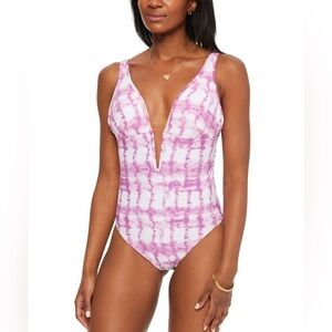 BAR III Summer Stripes Plunge Tie Dye One-Piece Swimsuit
